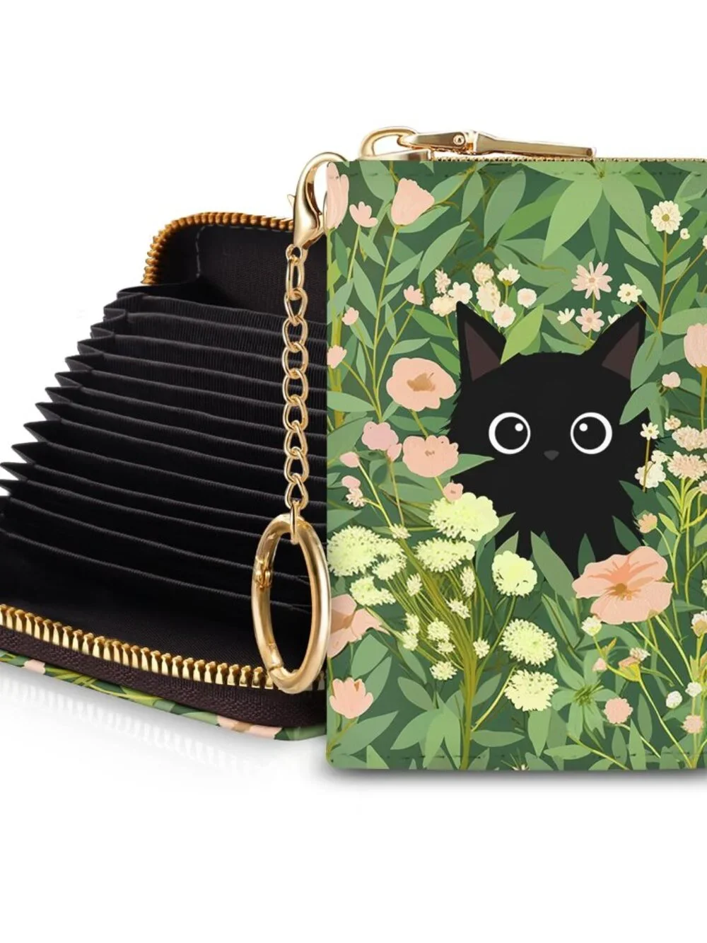 Blusabaca Women's Black Cat Floral RFID Wallet, Waterproof, Leather, 12 Card Slo